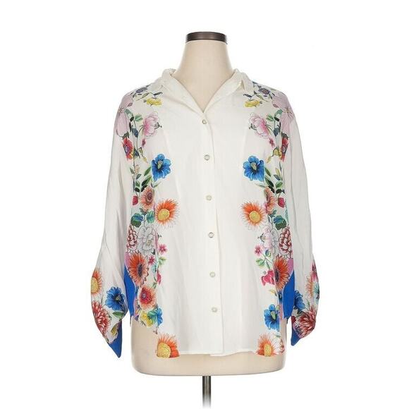 Johnny Was Gali 100% Silk Button Down Top XL Floral Boho Chic Roll Tab Sleeves - Picture 2 of 9